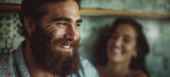 bearded man with milkman beard comb