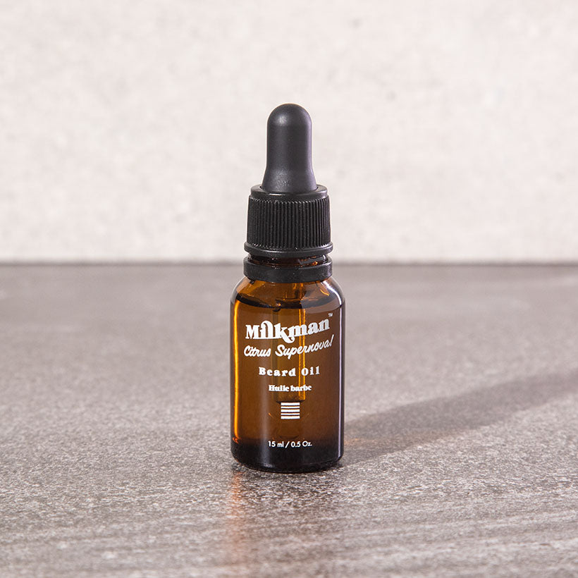 travel size beard oil, citrus supernova scent, by milkman, made in australia