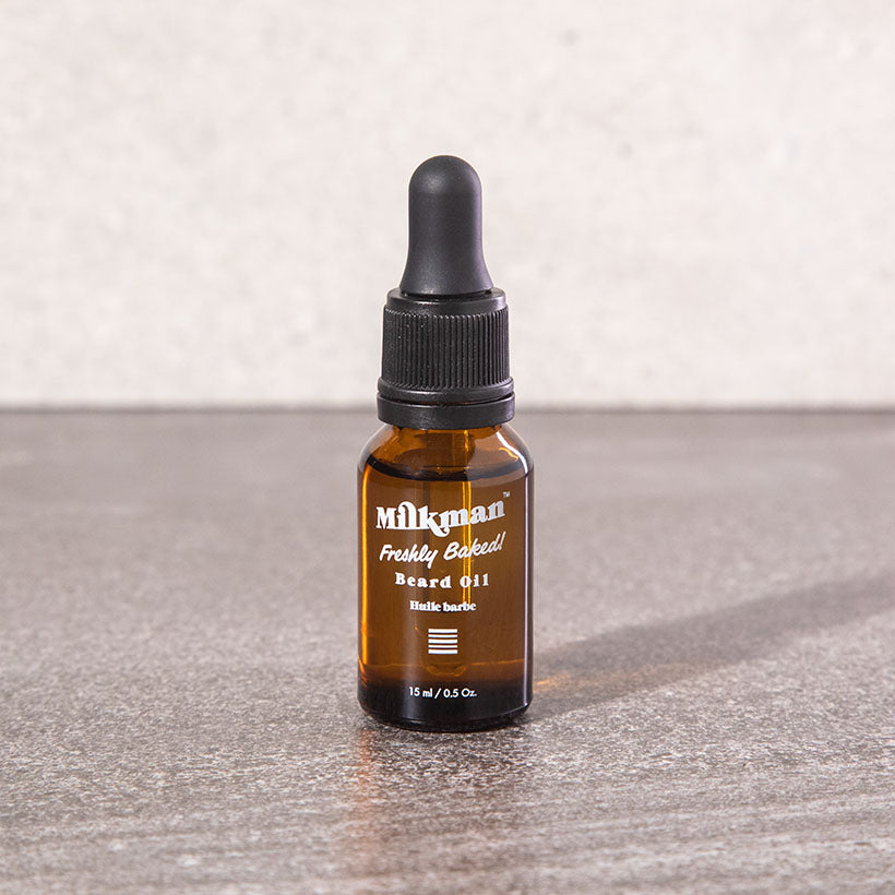 travel size beard oil, freshly baked scent, by milkman, made in australia